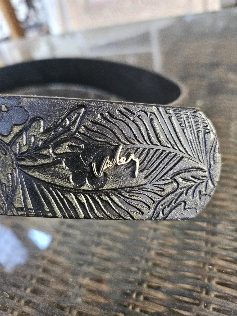 Velez Columbia Tooled Tropical Black Leather Belt with Curved Silver Buckle M